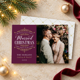 Cartão De Festividades Natal Casado Borgonha Dourado Foto Crest