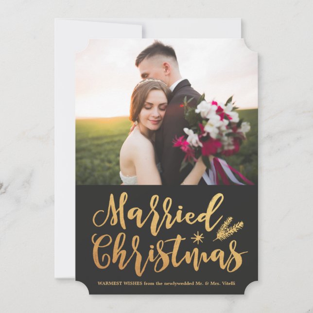 Cartão De Festividades Natal casado moderno | Foto Dourada Pine (Frente)