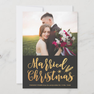 Cartão De Festividades Natal casado moderno   Foto Dourada Pine