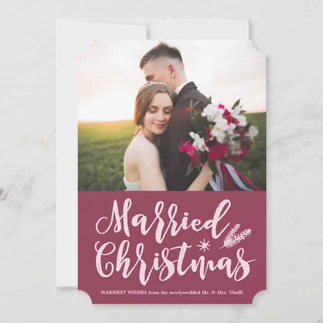 Cartão De Festividades Natal casado moderno | Foto Pine Mauve (Frente)