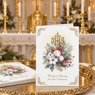 Cartão De Festividades Natal Católico IHS Floral Poinsettia