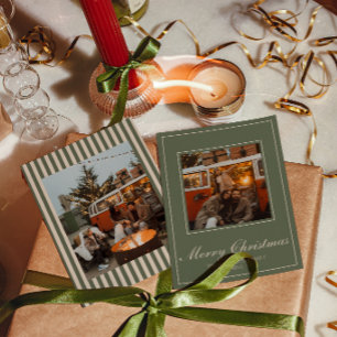 Cartão De Festividades Natal Clássico em Verde Vintage Old Money Listras