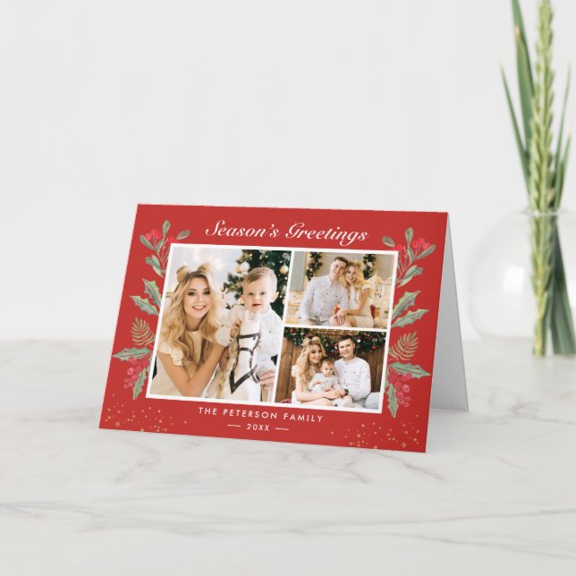 Cartão De Festividades Natal clássico Red Holly Berries 3 Foto dobrada (Frente)