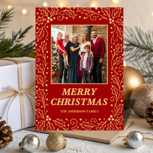 Cartão De Festividades Natal Clássico Vermelho e Dourado Antigo com Foto