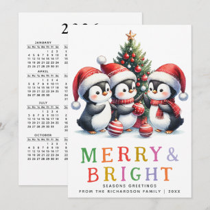 Cartão De Festividades Natal Colorido Alegre e Brilhante Pinguins Diverti