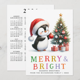 Cartão De Festividades Natal Colorido de Pinguim Fofo Alegre e Brilhante