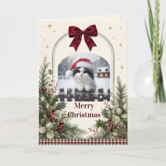 Cartão De Festividades Natal com Arco Vermelho e Folhagem em Aquarela Per