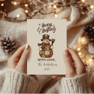 Cartão De Festividades Natal com Boneco de Neve em Patchwork Rústico