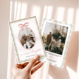 Cartão De Festividades Natal com Foto da Família e Laço Rosa Pré-Vintage