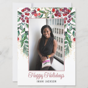 Cartão De Festividades Natal com Foto de Frutas Vermelhas em Aquarela e F