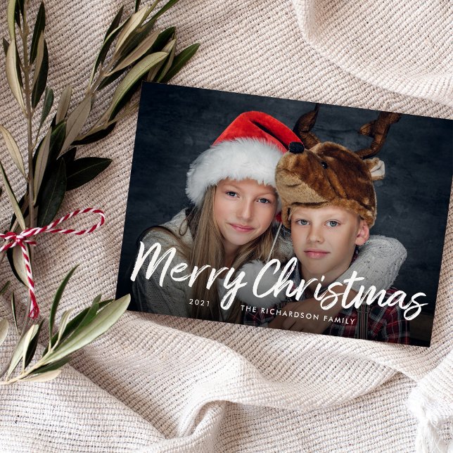 Cartão De Festividades Natal com script | Verde com Foto (Criador carregado)