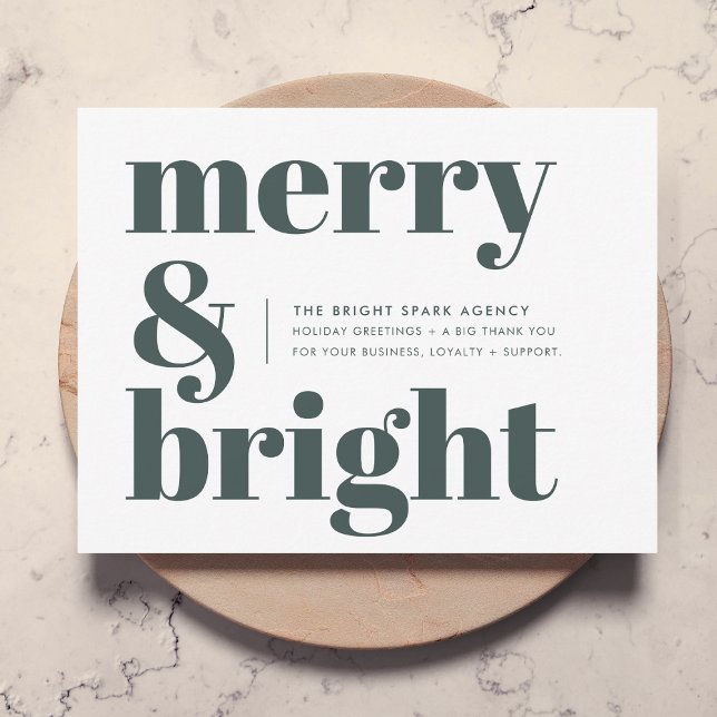 Cartão De Festividades Natal comercial | Felizes e florestas brilhantes v (Business Christmas holiday card by Guava, featuring bold “Merry & Bright” typography in forest green)