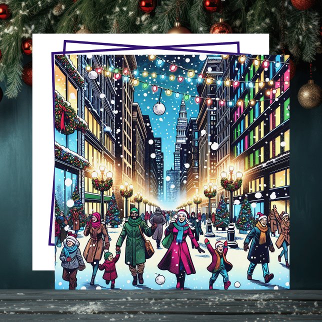 Cartão De Festividades Natal Comprando na cidade em um Dia de Neve (Criador carregado)