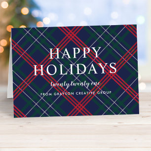 Cartão De Festividades Natal Corporativo Elegante em Tartan Azul Vermelho