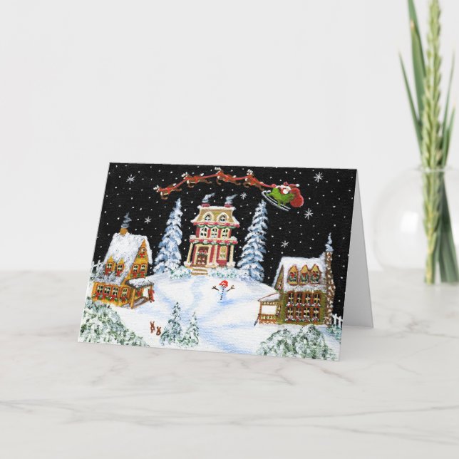 Cartão De Festividades Natal, cumprimento, cartão, papai noel, rena, (Frente)