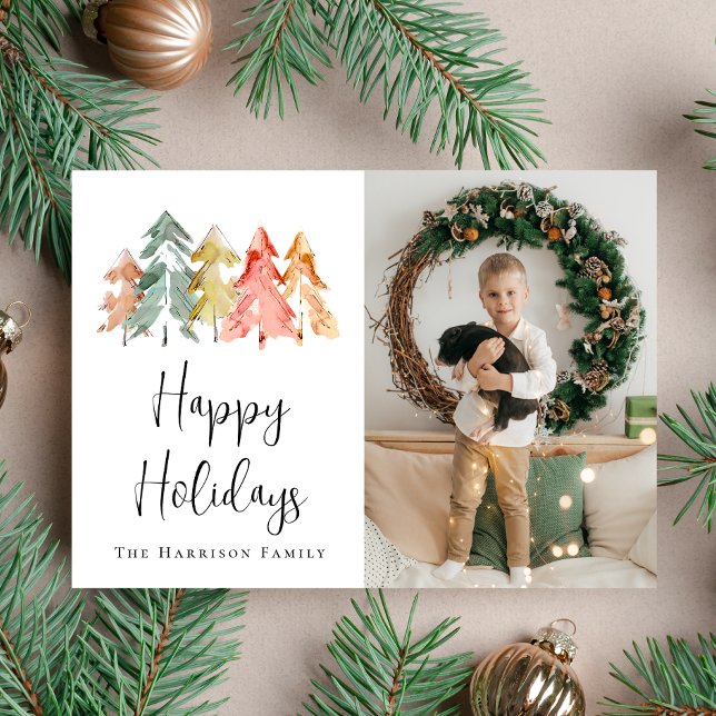 Cartão De Festividades Natal da Aquarela de Árvore Moderna (Share the love and warmth of the holiday season with this personalized photo Christmas card)