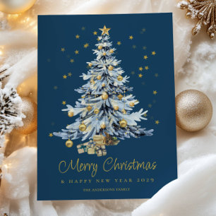 Cartão De Festividades Natal da Árvore de Aquarela Azul Elegante