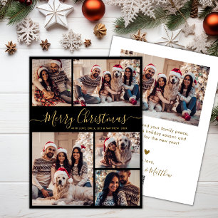 Cartão De Festividades Natal da Colagem de Fotografias Dourada 5 Elegante