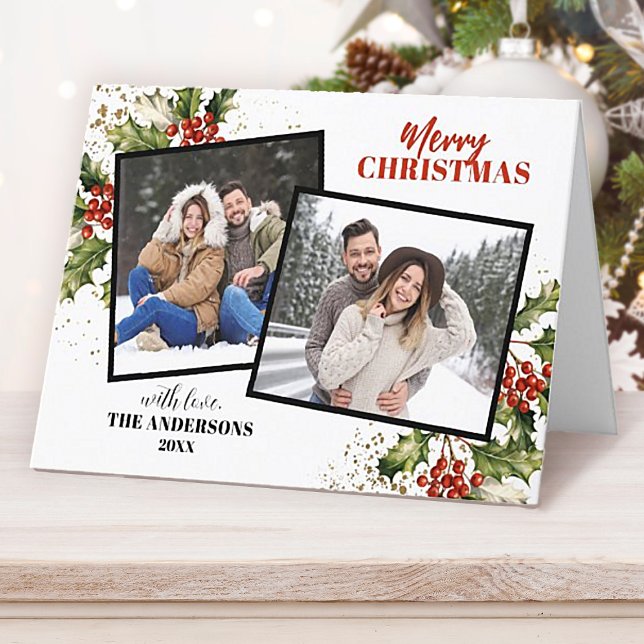 Cartão De Festividades Natal da Colagem de Fotos do Modern Holly Berry (An elegant and festive 2 photo Christmas card. Personalize it for Christmas this year!)