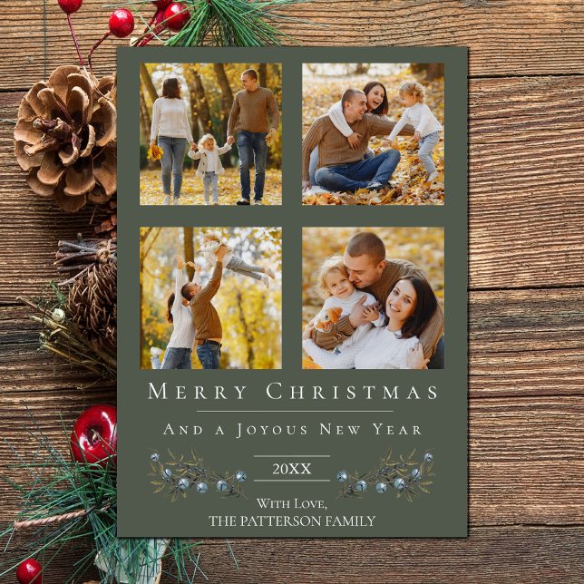 Cartão De Festividades Natal da Colagem de Fotos Jingle Bells | Verde (Green Jingle Bells Four Photo Christmas Holiday Card)