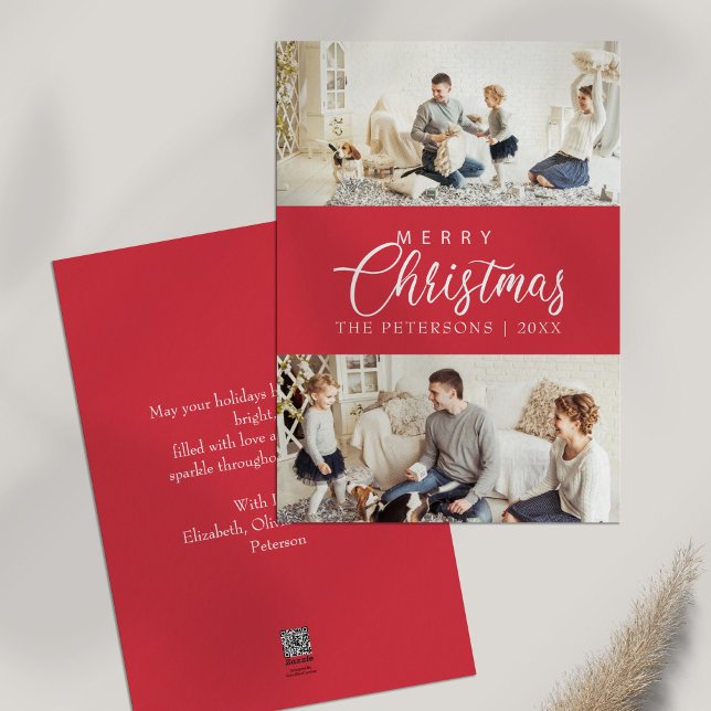 Cartão De Festividades Natal da Colagem de Fotos Rosa Moderna (Modern Bright Pink Photo Collage Christmas Holiday Card on white table)