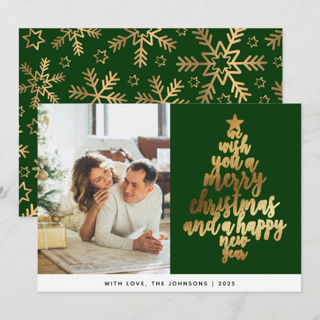 Cartão De Festividades Natal da Dourada Família Verde Clássica Elegante (Frente/Verso)