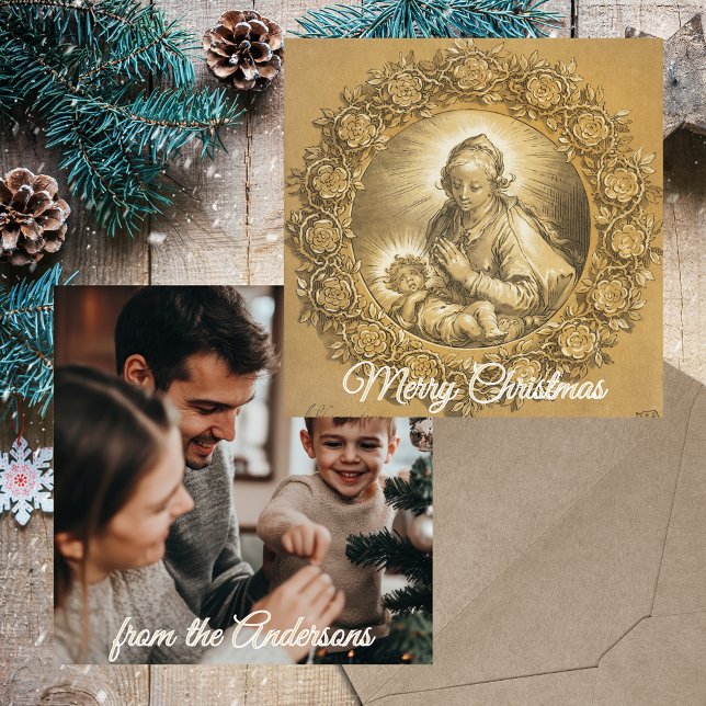 Cartão De Festividades Natal da família cristã religiosa Dourada (Gold Baroque Elegant Religious Christian Catholic Custom Family Photo Christmas Holiday Season Card)