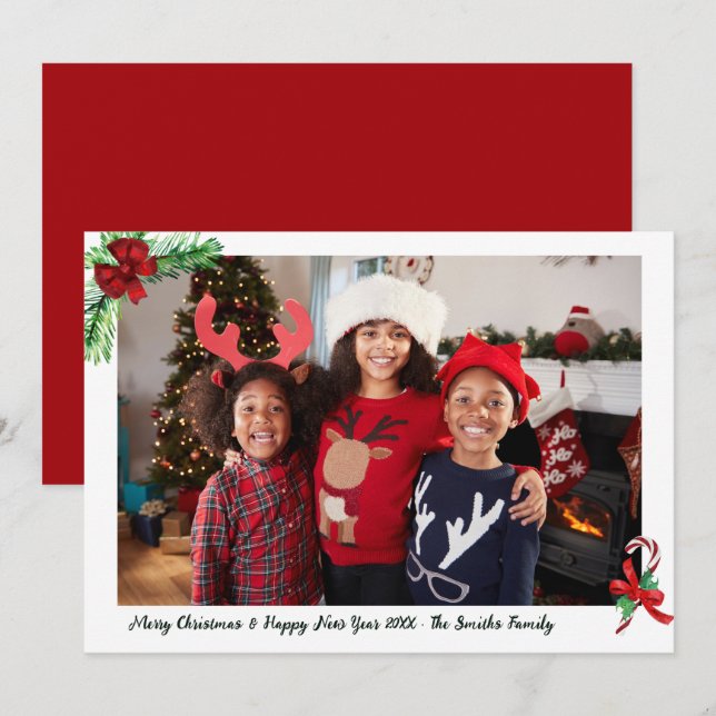 Cartão De Festividades Natal da família de canas Red Candy Modern (Frente/Verso)