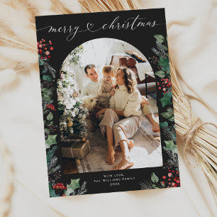 Cartão De Festividades Natal da família de fotos Chic Dark Foliage Arch 1