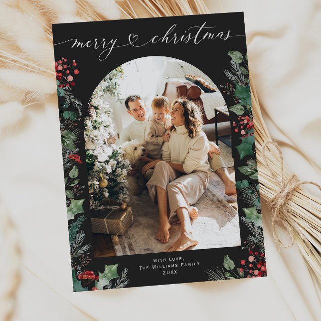 Cartão De Festividades Natal da família de fotos Chic Dark Foliage Arch 1 (Criador carregado)