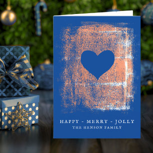 Cartão De Festividades Natal da Família Desenho de Coração Azul Artístico