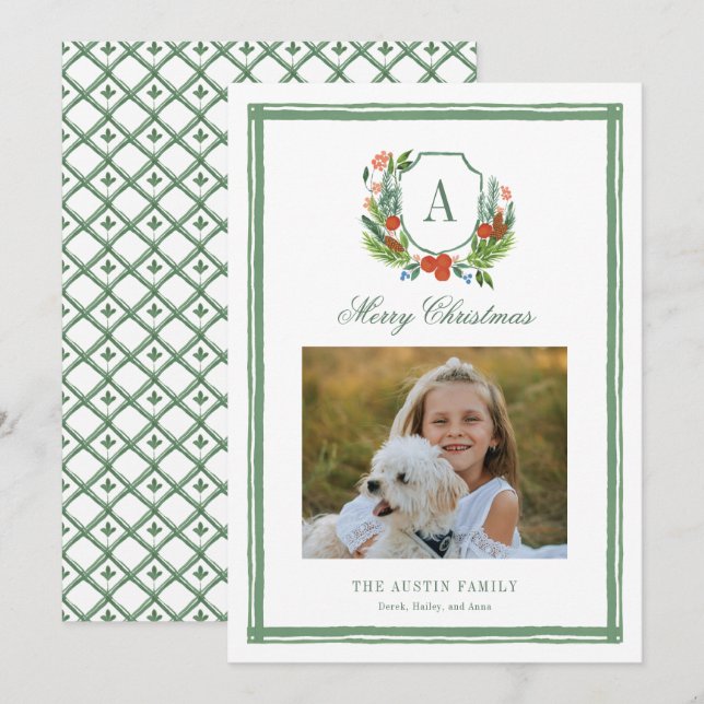 Cartão De Festividades Natal da Família Monograma com Aquarela (Frente/Verso)