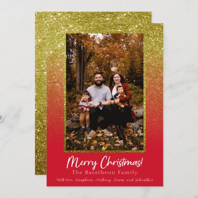 Cartão De Festividades Natal da Família Personalizada Dourada Vermelha (Frente/Verso)