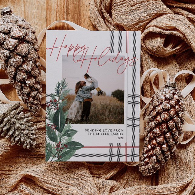 Cartão De Festividades Natal da família rustic Xadrez Greenery (Rustic Plaid Greenery Family Photo Christmas Card)