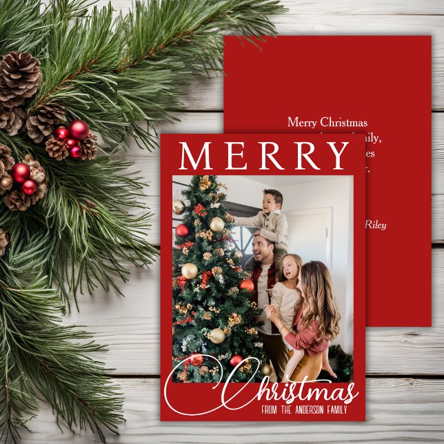 Cartão De Festividades Natal Da Família Vermelha E Branca Elegante (Elegant Red And White Family Photo Christmas Holiday Card)
