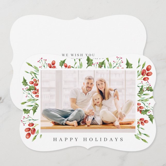 Cartão De Festividades Natal da Folhagem de Berry Holly Botânica da Aquar (Frente/Verso)