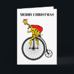 Cartão De Festividades Natal da Girafa Papai Noel<br><div class="desc">Um desenho engraçado de uma girafa, andando de bicicleta vestida e Papai Noel e carregando um grande saco de presentes de Natal. Se você quiser ajuda para personalizar este design, entre em contato comigo, há um botão para perguntar a este designer, logo abaixo deste texto. A girafa engraçada e engraçada...</div>