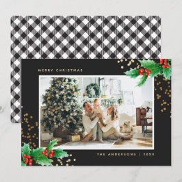 Cartão De Festividades Natal da Holly, Xadrez Branca Negra