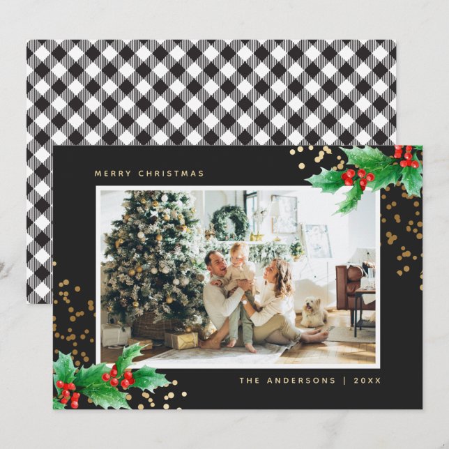 Cartão De Festividades Natal da Holly, Xadrez Branca Negra (Frente/Verso)