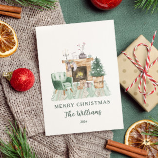 Cartão De Festividades Natal da Lareira de Aquarela Elegante