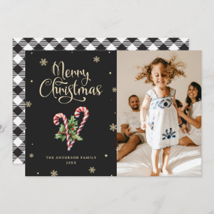 Cartão De Festividades Natal da Xadrez de Buffalo Preto e Branco