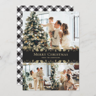 Cartão De Festividades Natal da Xadrez Dourada e preto elegante