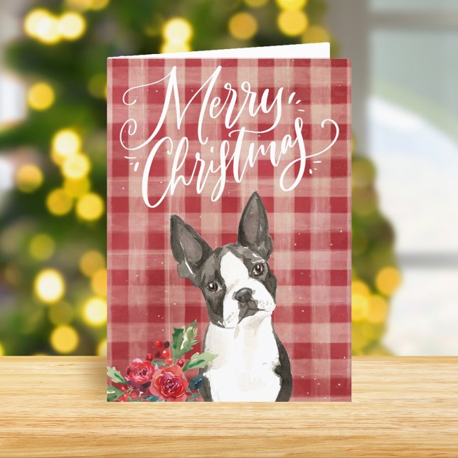 Cartão De Festividades Natal da Xadrez Vermelha de Boston Terrier (Criador carregado)