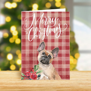 Cartão De Festividades Natal da Xadrez Vermelha do Buldogue Francês