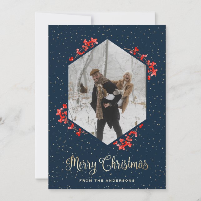 Cartão De Festividades Natal das Berries Vermelhas de Neve Azul Moderno (Frente)