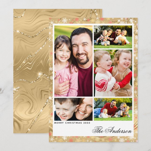 Cartão De Festividades Natal de 5 Fotos Douradas Elegante (Frente/Verso)