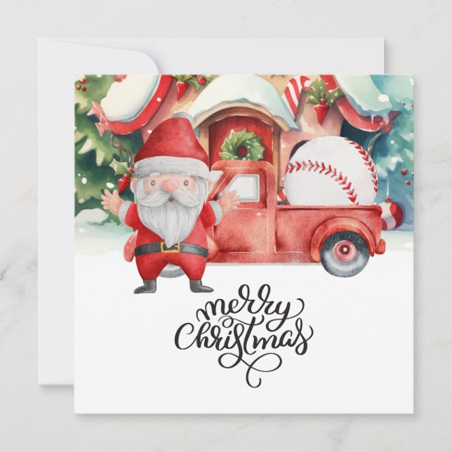 Cartão De Festividades Natal de baseball com Papai Noel e Neve (Frente)