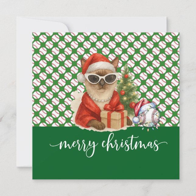 Cartão De Festividades Natal de baseball temático para os amantes de gato (Frente)