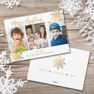 Cartão De Festividades Natal de Colagem de Fotos Branco e DouradoFlake 3