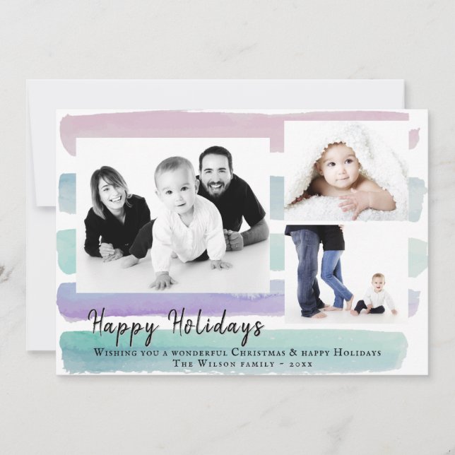 Cartão De Festividades Natal de Colagem de Fotos com Risca de Água Rosa 3 (Frente)